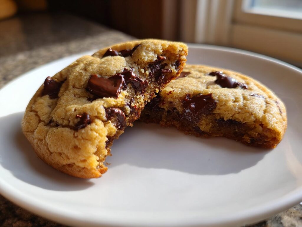 Close-up of soft chocolate chip cookies broken in half on a white plate, showcasing gooey chocolate chips.