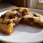 Close-up of soft chocolate chip cookies broken in half on a white plate, showcasing gooey chocolate chips.