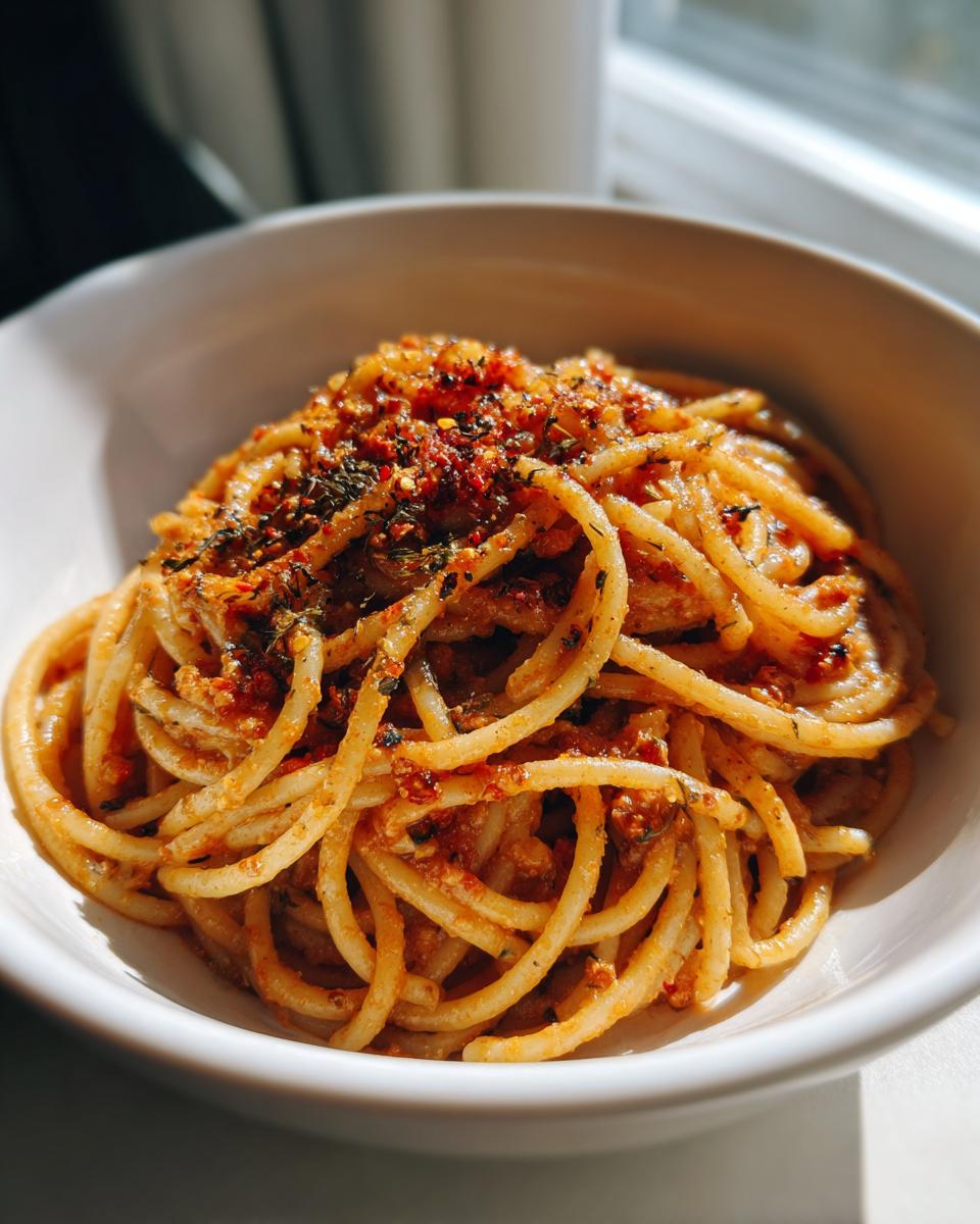 Bowl of spaghetti coated in spicy tomato sauce with herbs and chili flakes, perfect pasta dinner recipes