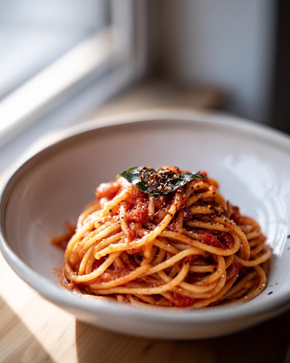 Plate of spaghetti pasta with tomato sauce and herbs, perfect pasta dinner recipes