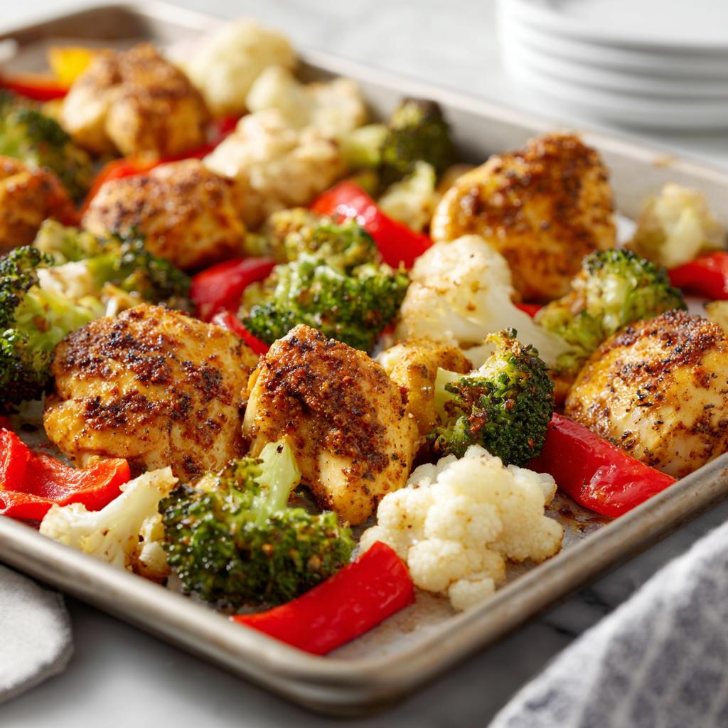 Sheet pan dinner recipes with spiced chicken, broccoli, cauliflower, and red bell peppers.