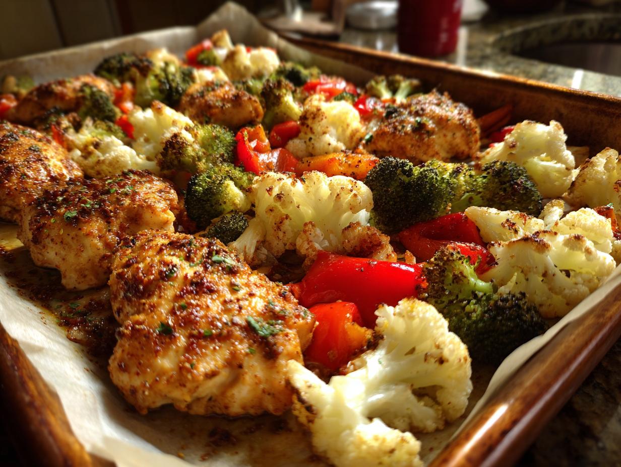 Sheet pan dinner recipes with spicy chicken, roasted broccoli, cauliflower, and red bell peppers.