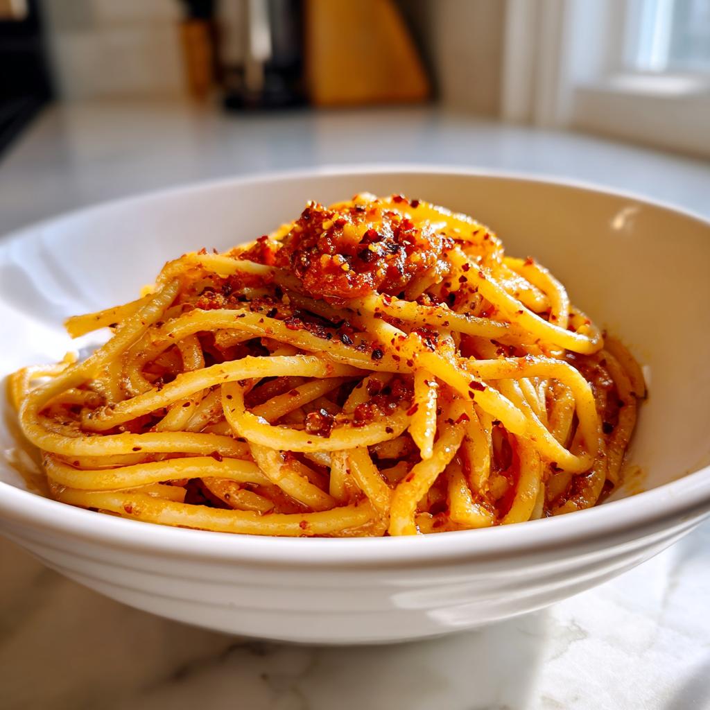 Close-up of spicy pasta dinner recipes with chili flakes served in a white bowl.