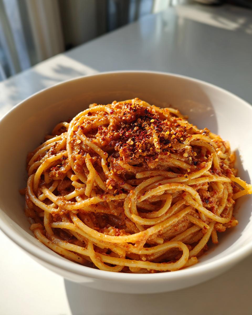 Close-up of spaghetti pasta dinner recipes with red chili flakes in a white bowl
