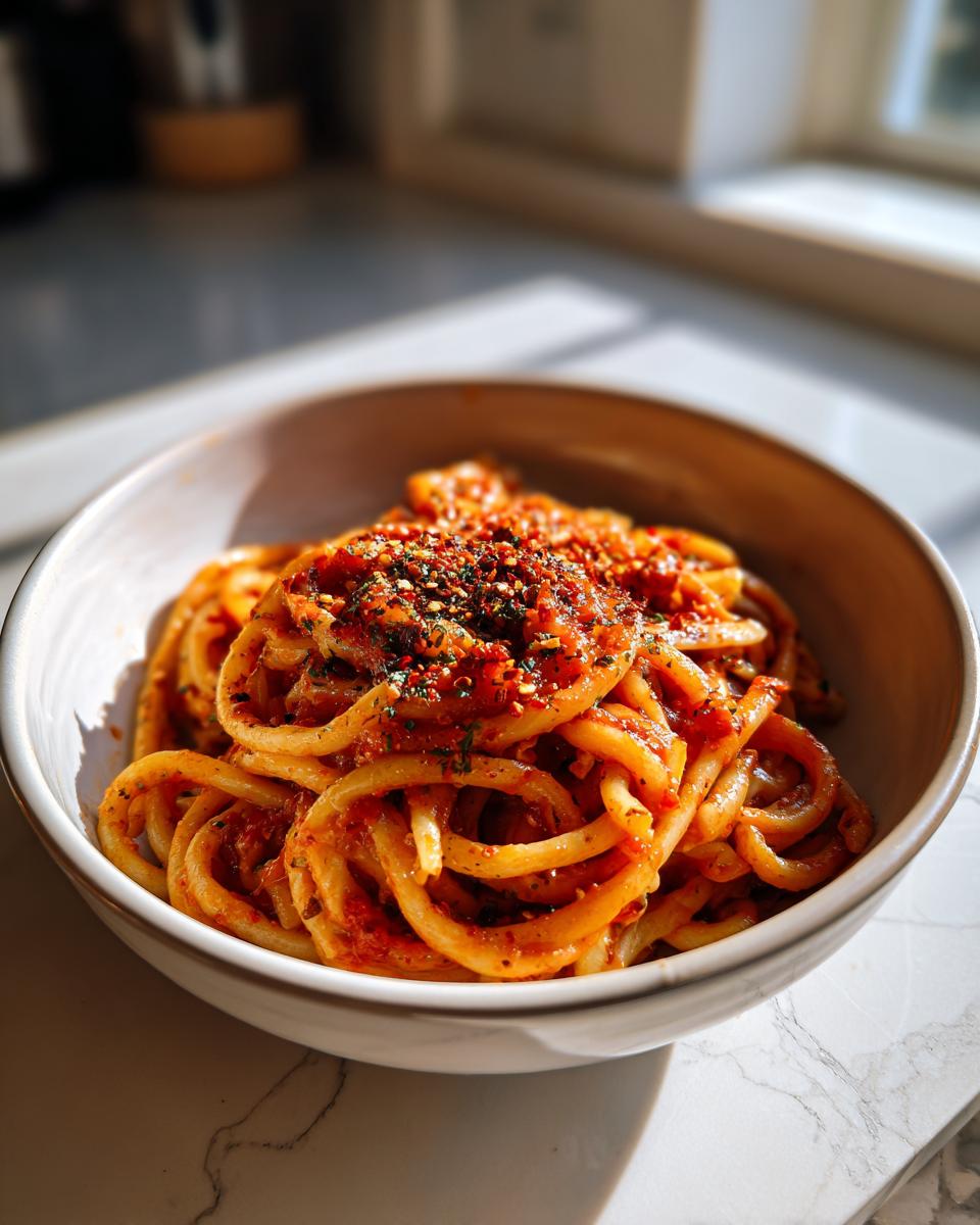 Bowl of pasta dinner recipes with thick noodles and spicy tomato sauce topped with herbs.