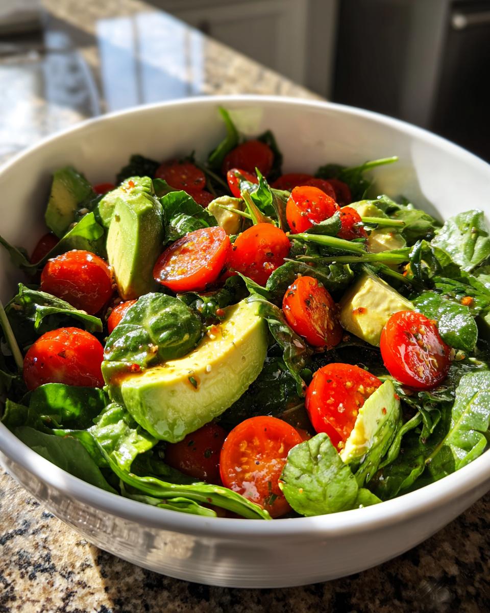 Bowl of fresh spinach salad with avocado slices and cherry tomatoes for healthy dinner recipes