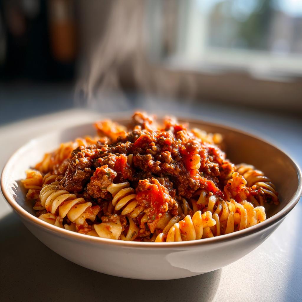 Steaming bowl of spiral pasta topped with rich meat sauce for quick family dinners