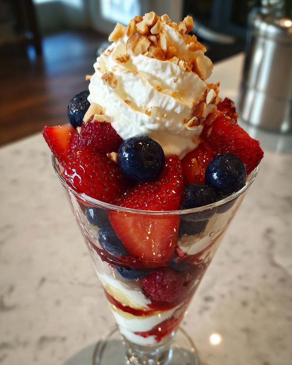 Glass parfait with strawberries, blueberries, raspberries, whipped cream, and chopped nuts topping