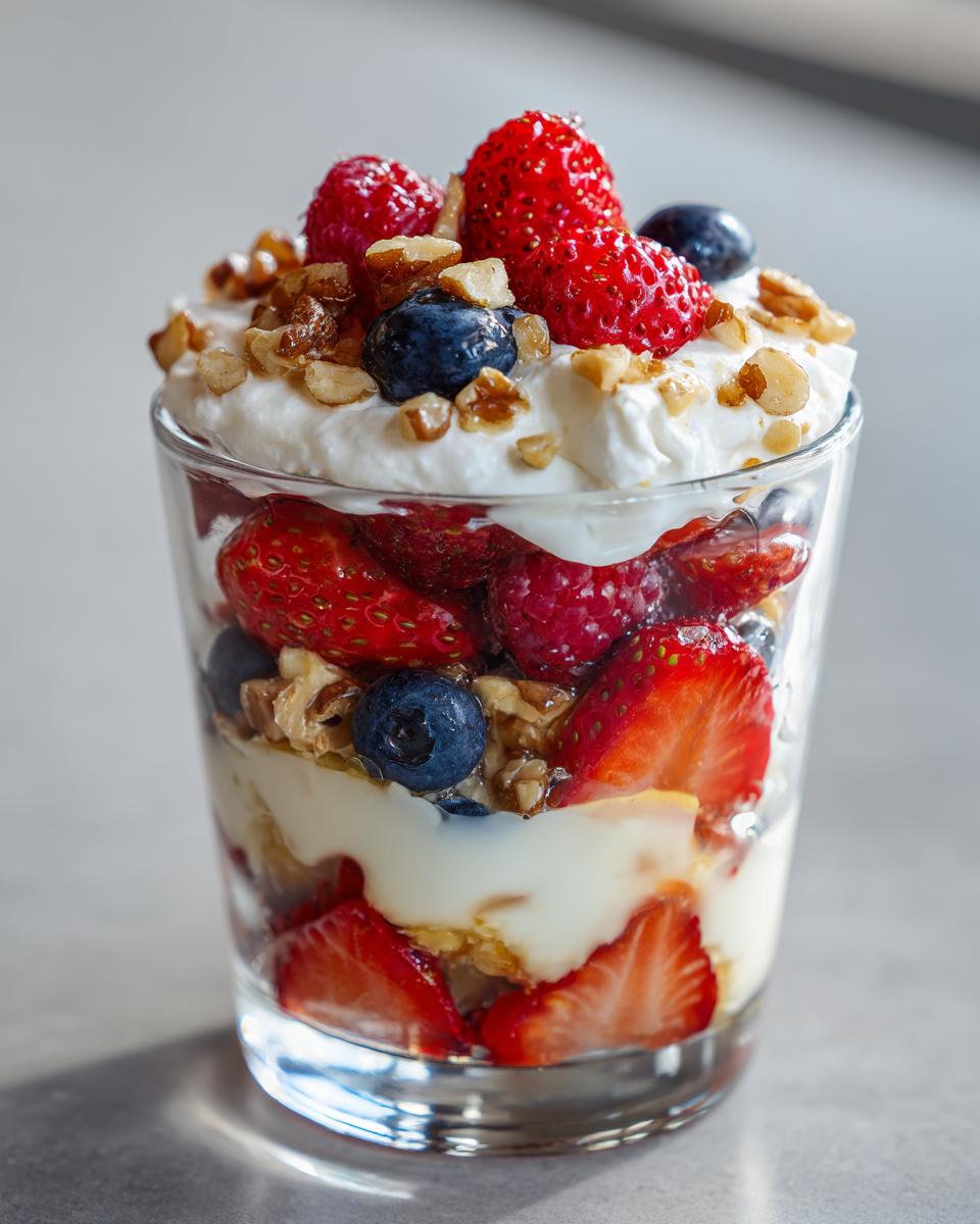 Glass filled with spring berry desserts featuring strawberries, blueberries, whipped cream, and nuts.