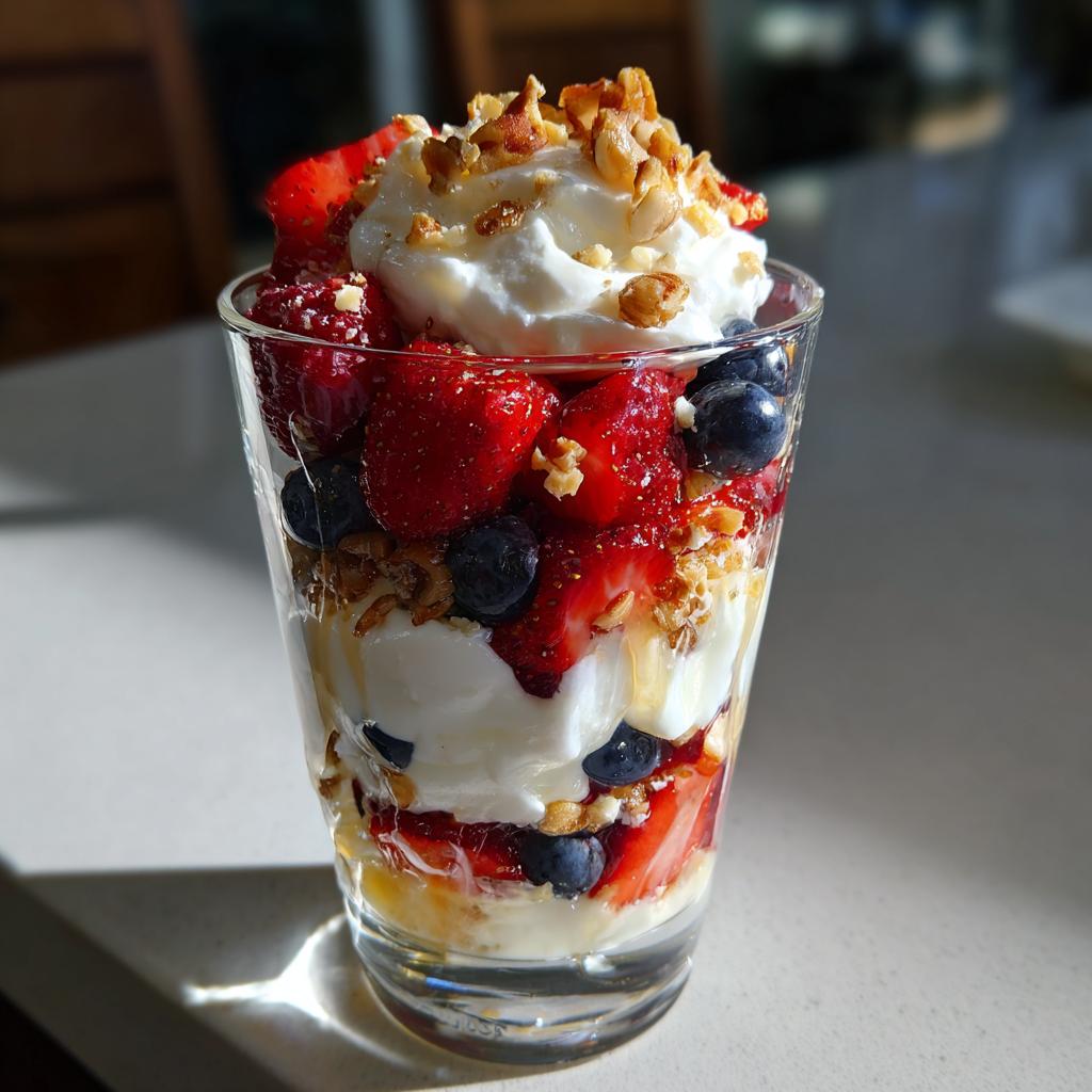 Glass filled with spring berry desserts including strawberries, blueberries, yogurt, and nuts.
