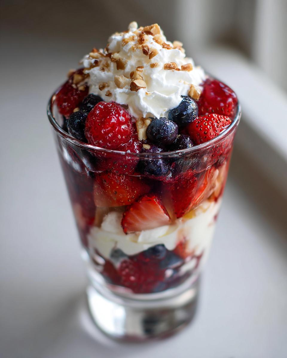 Glass filled with spring berry desserts topped with whipped cream and chopped nuts