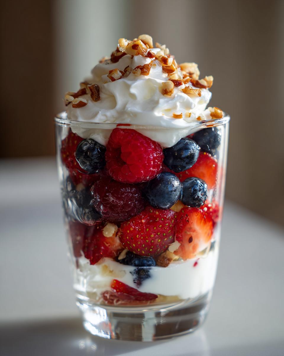 Glass filled with fresh spring berry desserts topped with whipped cream and chopped nuts