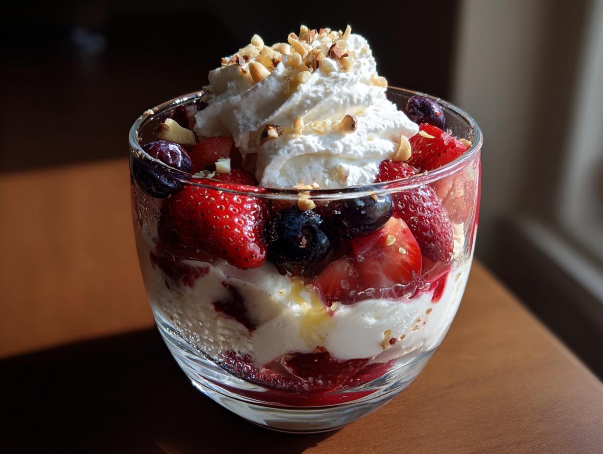 Glass cup filled with spring berry desserts topped with whipped cream and chopped nuts.