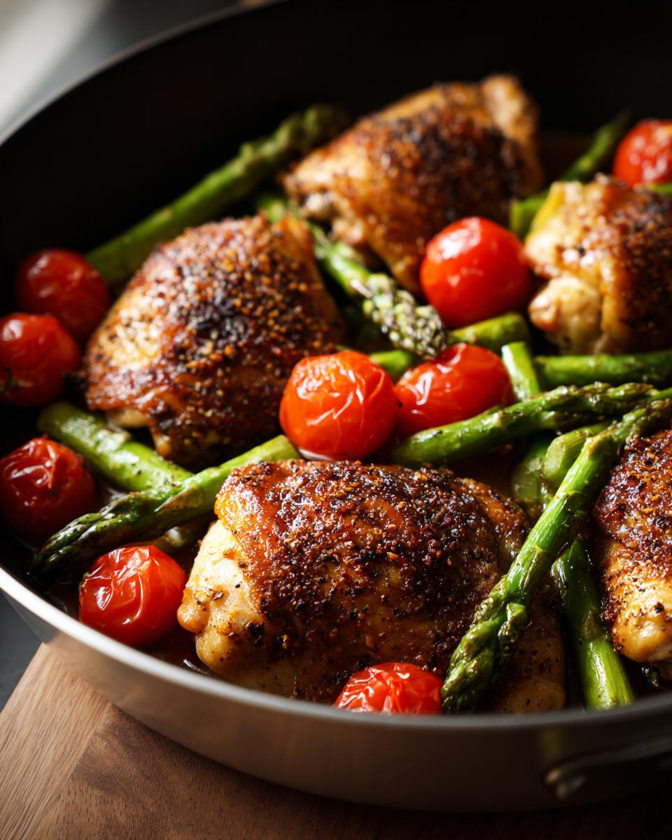 Pan-seared spring chicken thighs with asparagus and cherry tomatoes in a skillet