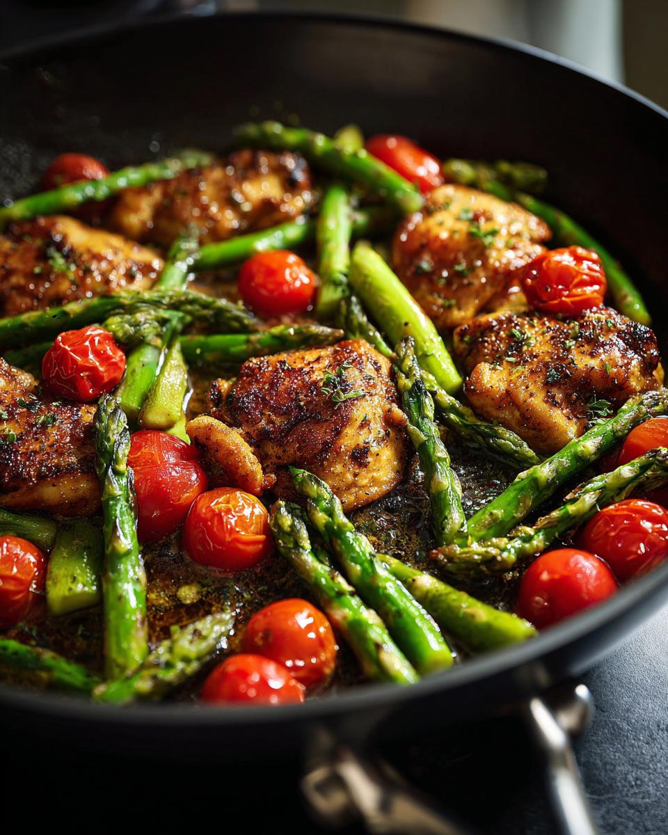 Pan with spring chicken pieces, asparagus, and cherry tomatoes cooking together