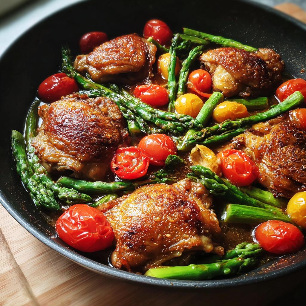 Pan with spring chicken recipes featuring crispy chicken thighs, asparagus, and cherry tomatoes.