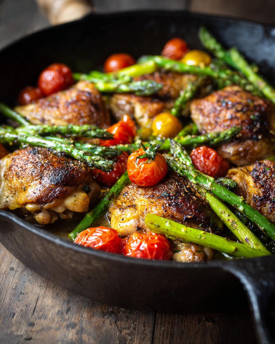 Cast iron skillet with crispy spring chicken thighs, asparagus, and cherry tomatoes.