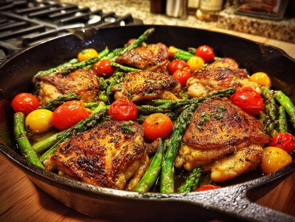Cast iron skillet with crispy spring chicken thighs, asparagus, and red and yellow cherry tomatoes.