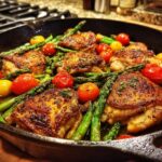 Cast iron skillet with crispy spring chicken thighs, asparagus, and red and yellow cherry tomatoes.