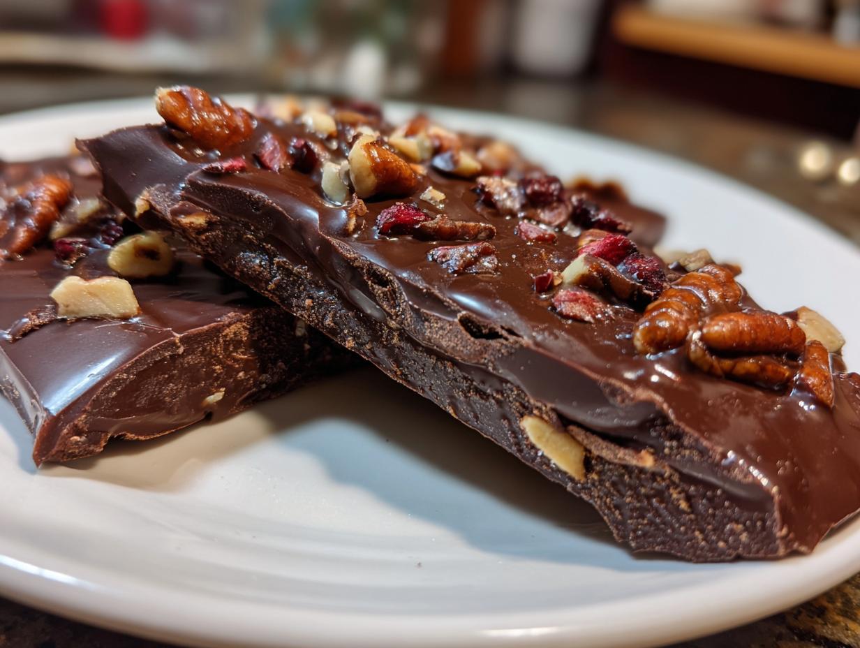 Close-up of spring chocolate treats topped with nuts and dried berries on a white plate.