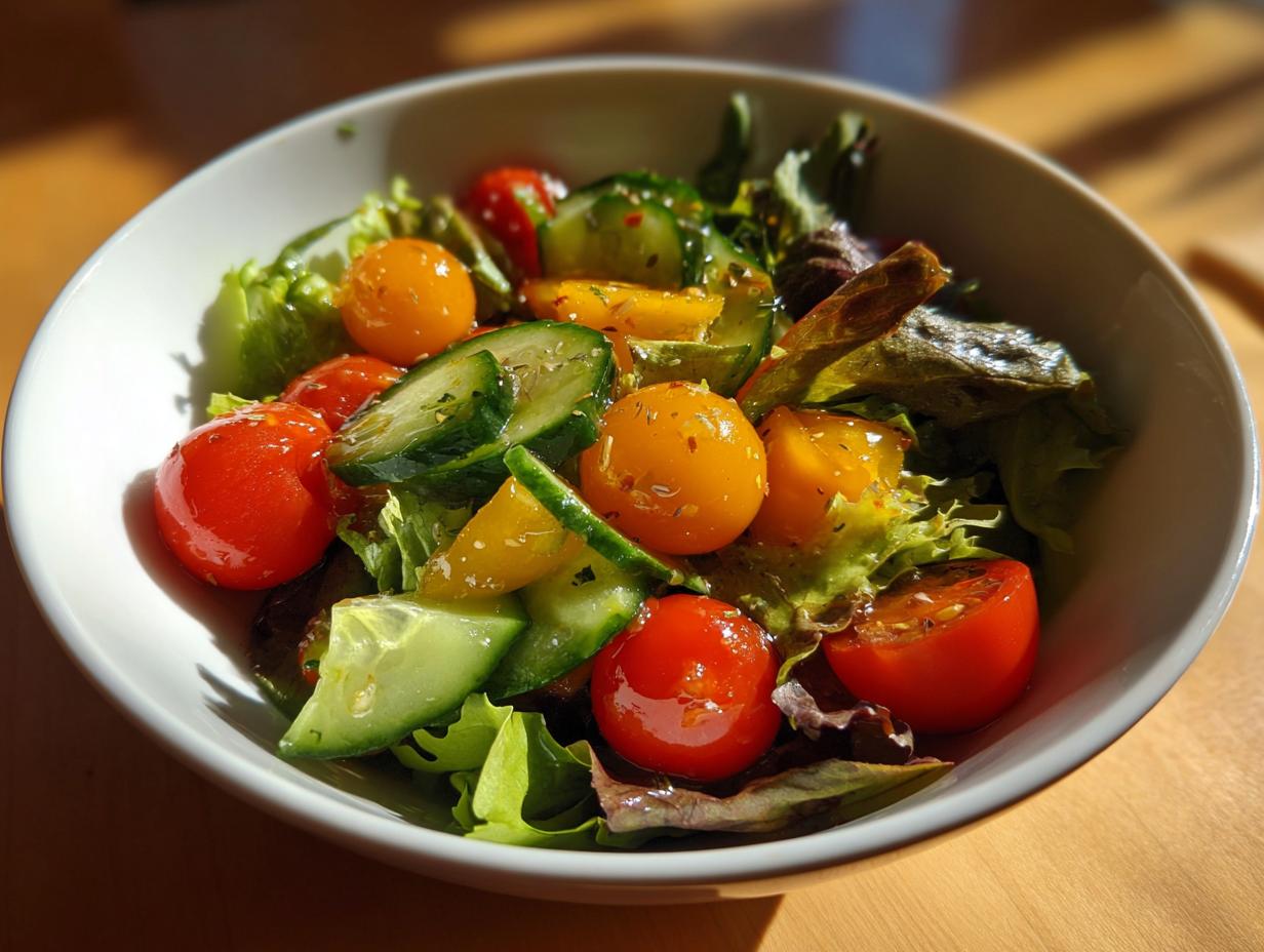 Bowl of fresh salad with cherry tomatoes, cucumber slices, and mixed greens for spring family meals