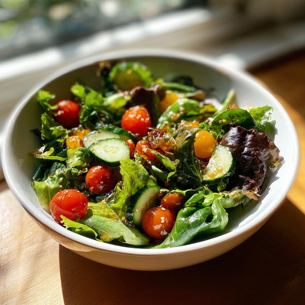 Bowl of fresh garden salad with cherry tomatoes, cucumber slices, and mixed greens for spring family meals.