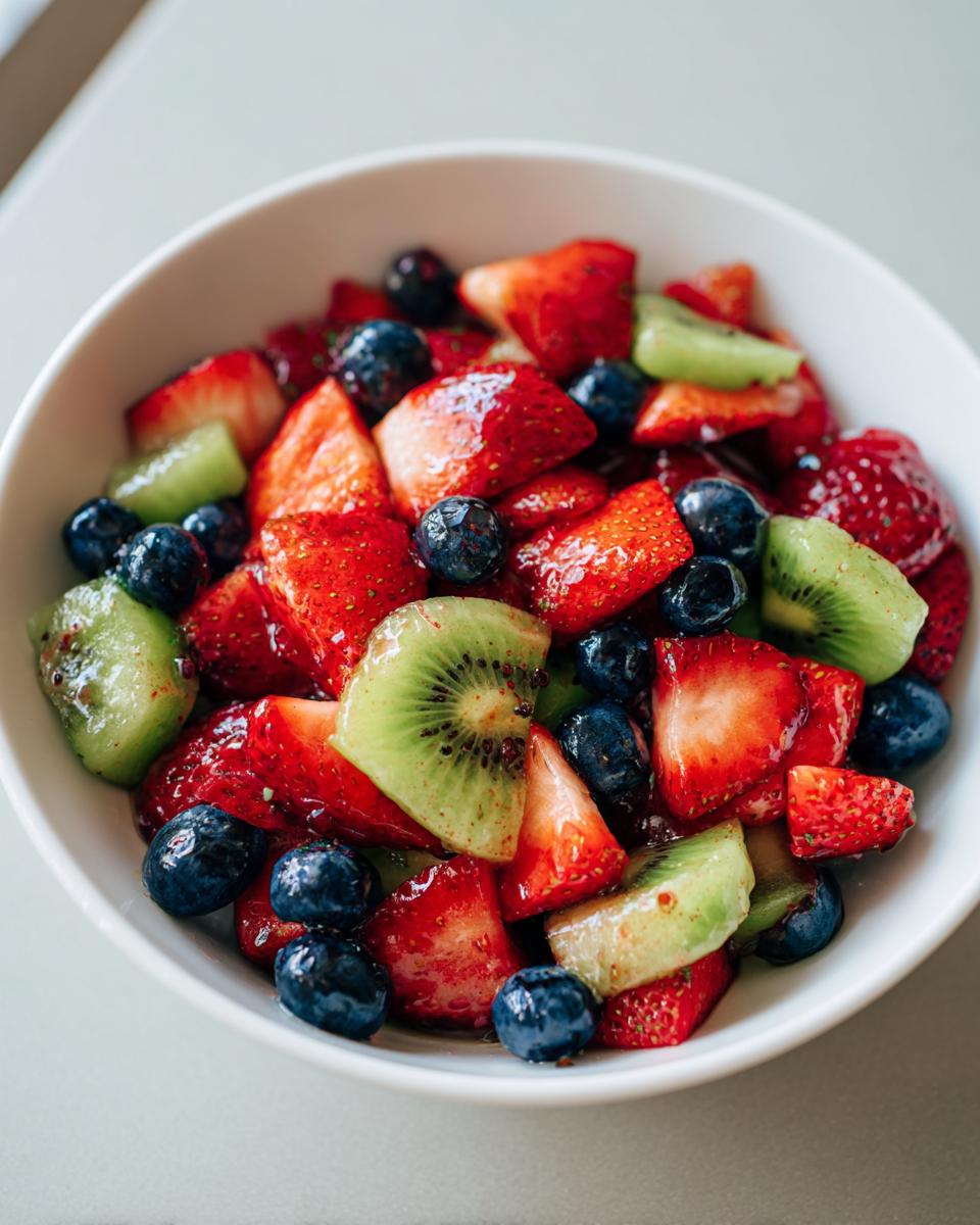 Bowl of spring fruit desserts with strawberries, blueberries, and kiwi slices.