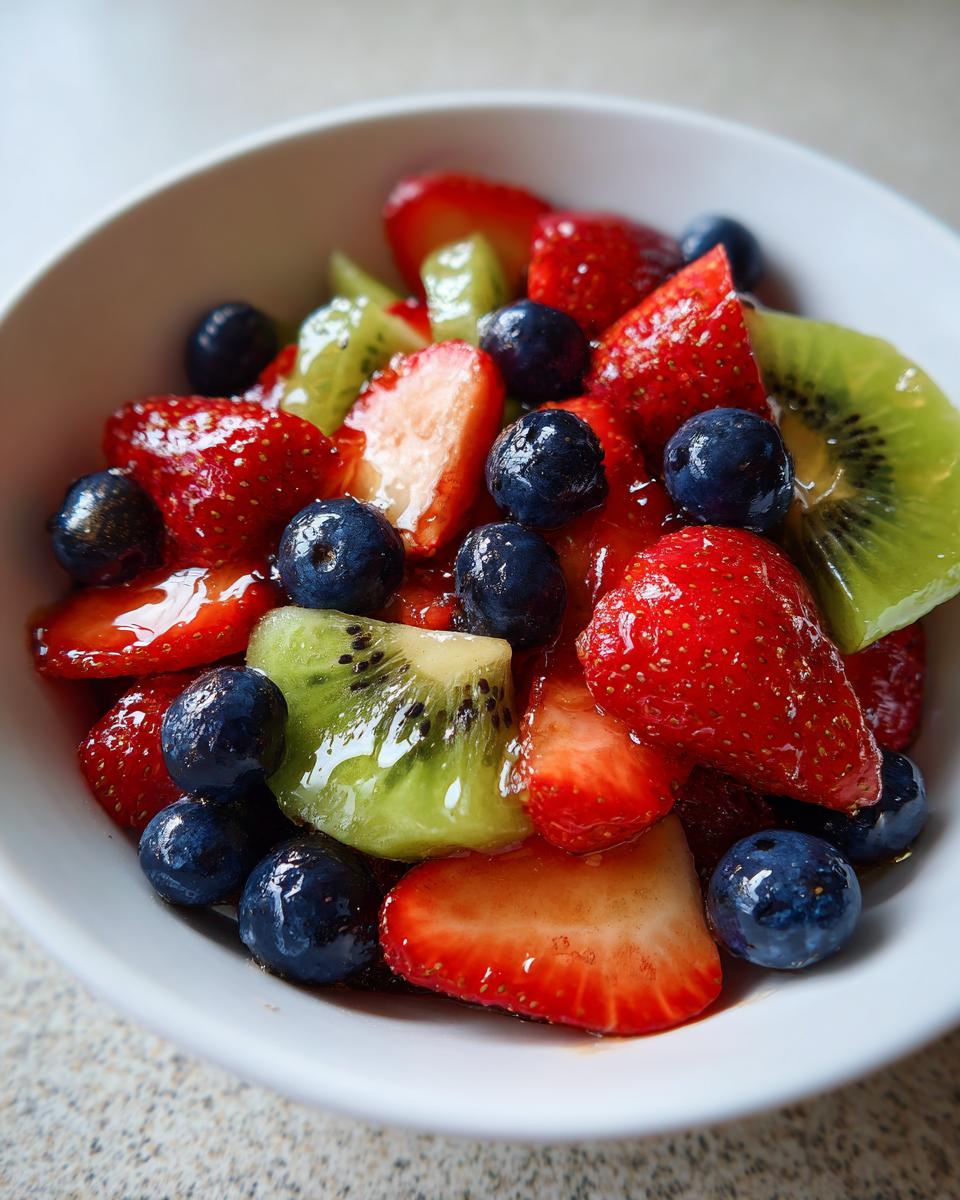 Bowl of spring fruit desserts with strawberries, blueberries, and kiwi slices.