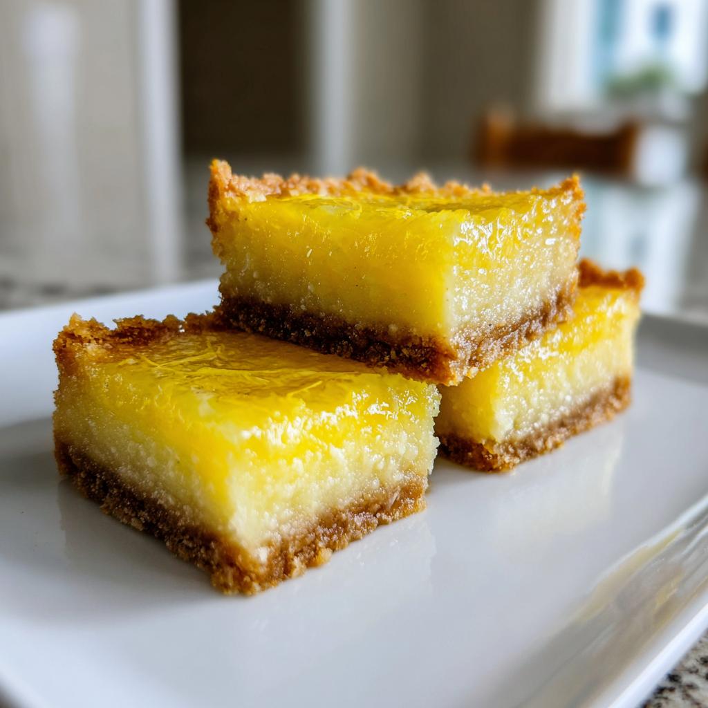 Three stacked spring lemon desserts with a crumbly crust on a white plate.