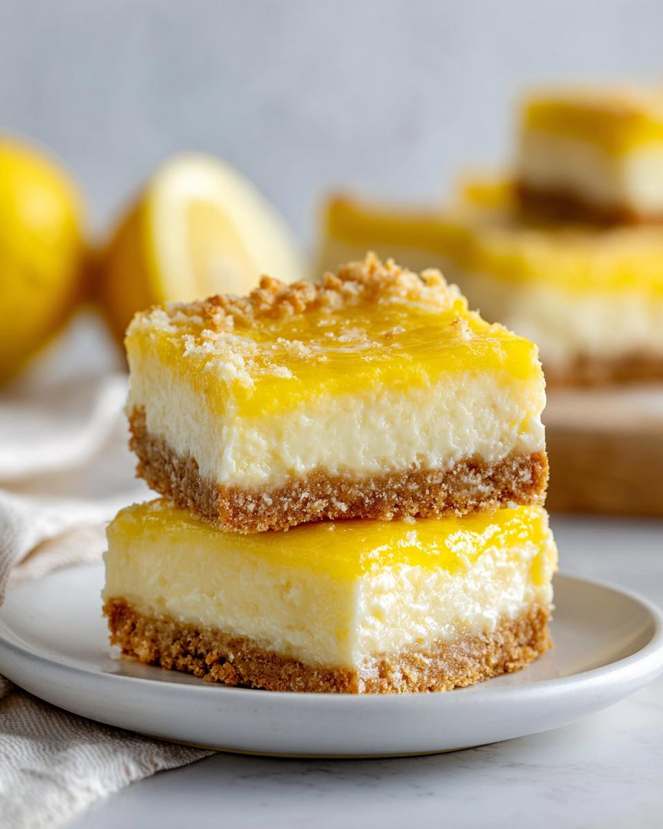 Two stacked spring lemon desserts bars with crumbly crust and creamy lemon topping