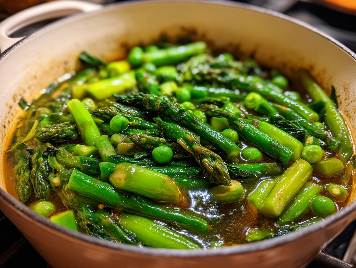 Close-up of a spring one pot meal with asparagus and peas simmering in broth.