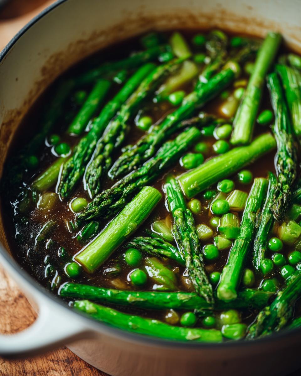 Close-up of spring one pot meals featuring asparagus and green peas simmering in broth.