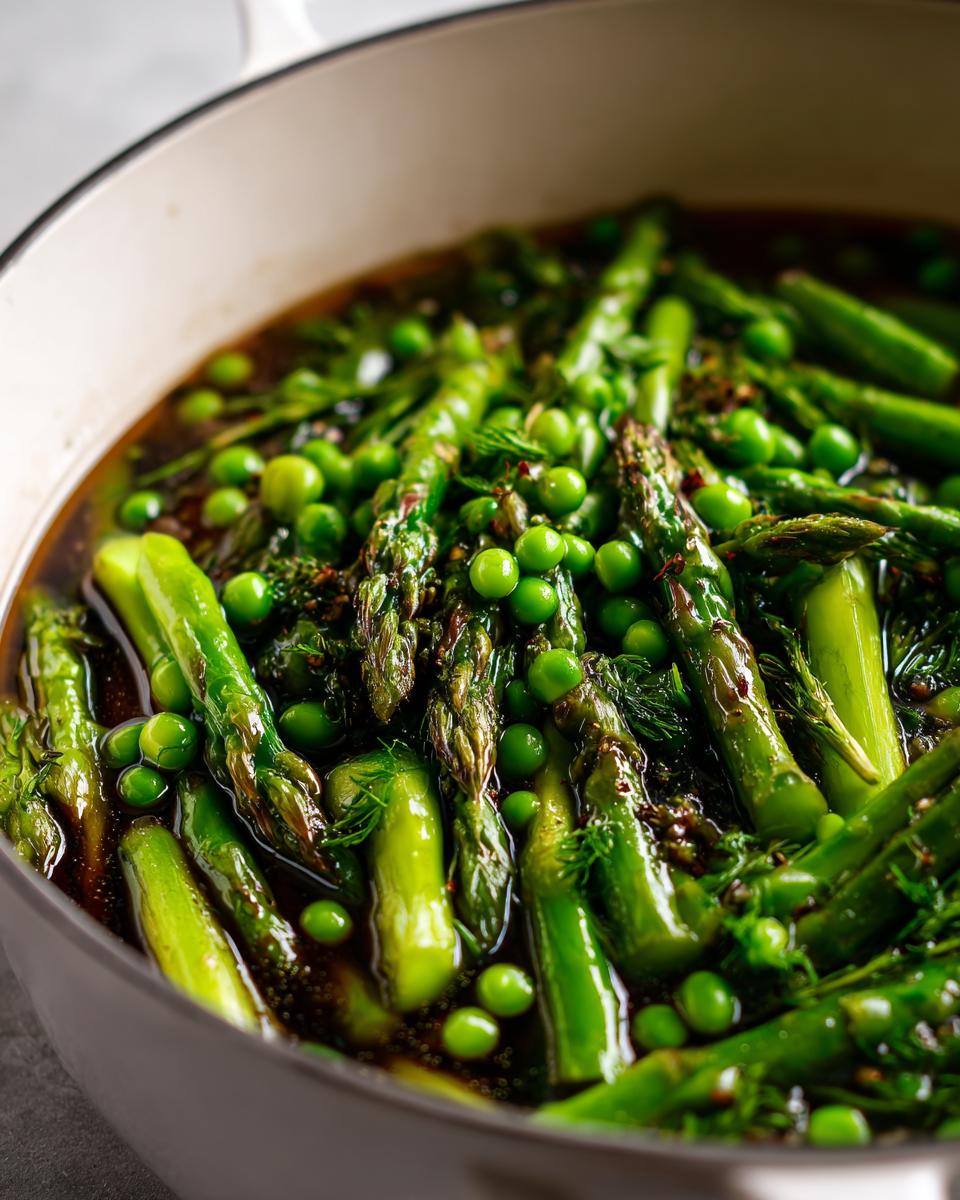 Close-up of asparagus and green peas cooked in a pot with herbs and sauce, spring one pot meals