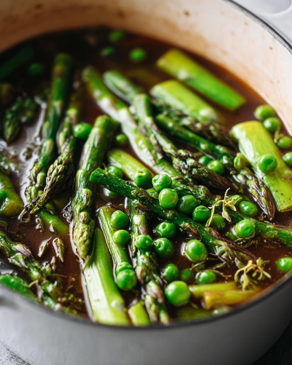 Close-up of spring one pot meals with asparagus and green peas simmering in broth