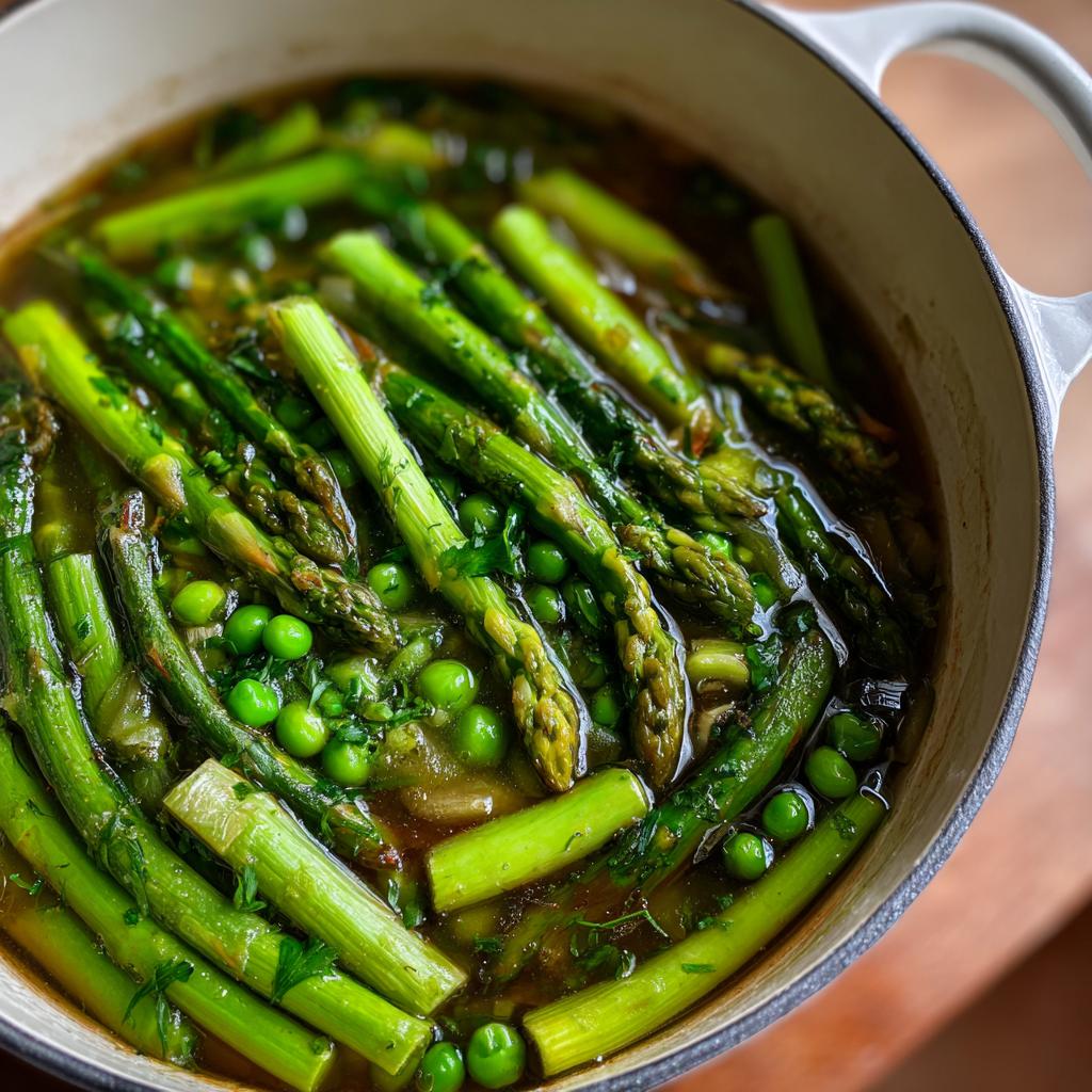 Close-up of spring one pot meals with asparagus and green peas simmering in broth.