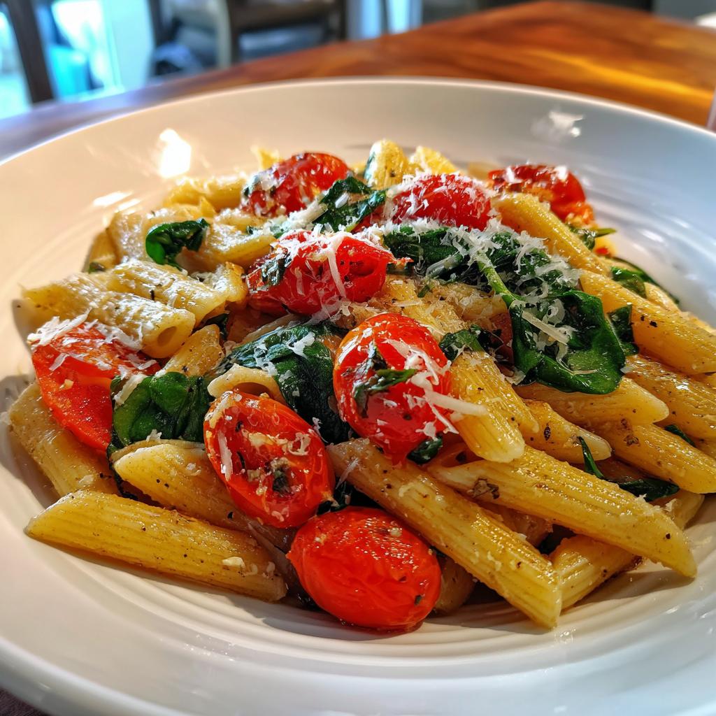 Plate of penne pasta with cherry tomatoes, spinach, and grated cheese in spring pasta recipes