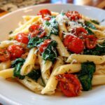 Plate of penne pasta with cherry tomatoes, spinach, and grated cheese for spring pasta recipes