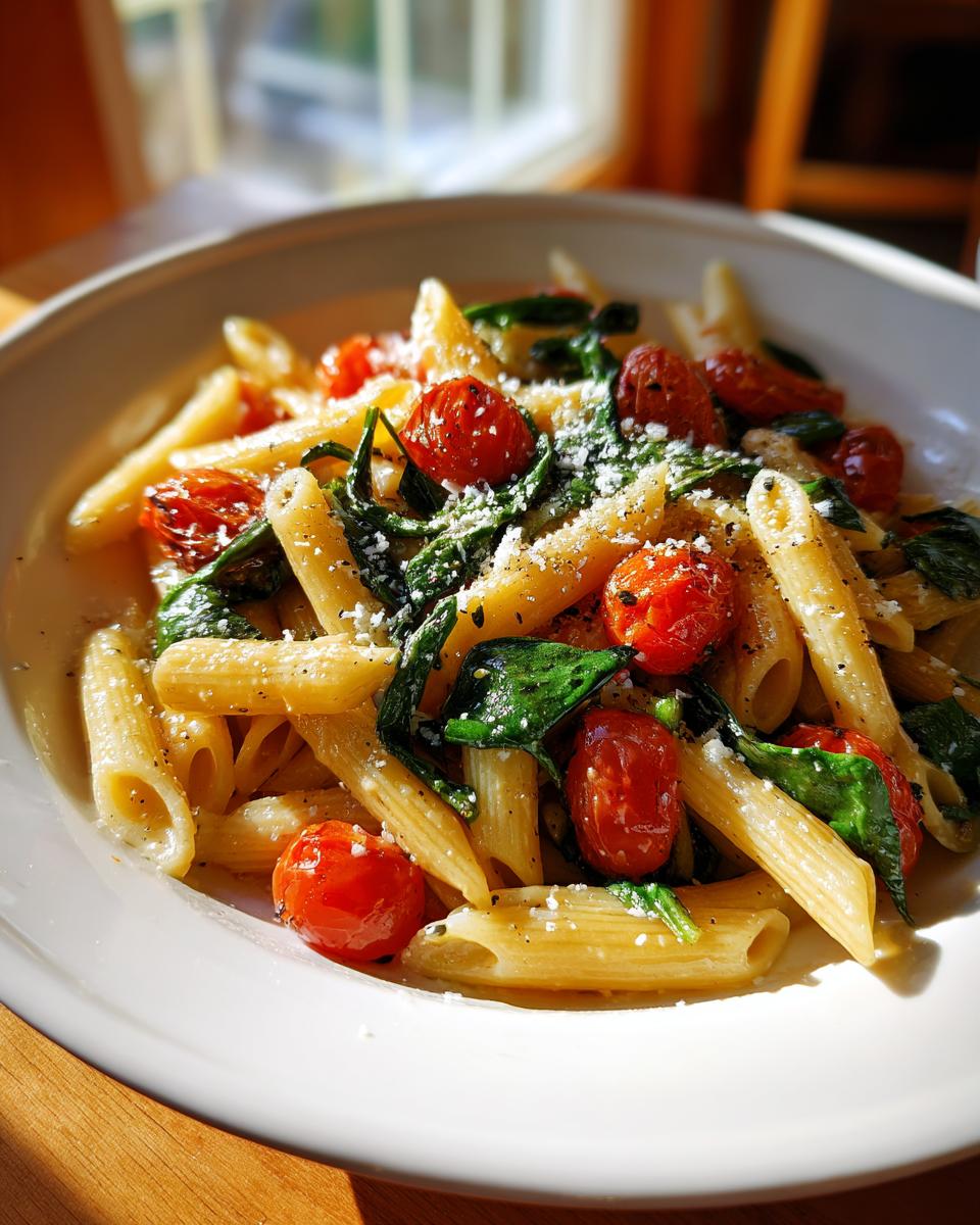 Plate of penne pasta with cherry tomatoes, spinach, and grated cheese in natural light