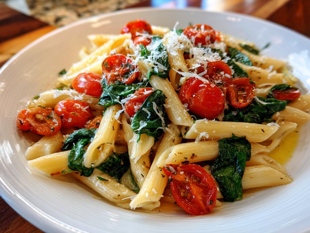 Plate of penne pasta with cherry tomatoes, spinach, and grated cheese for spring pasta recipes
