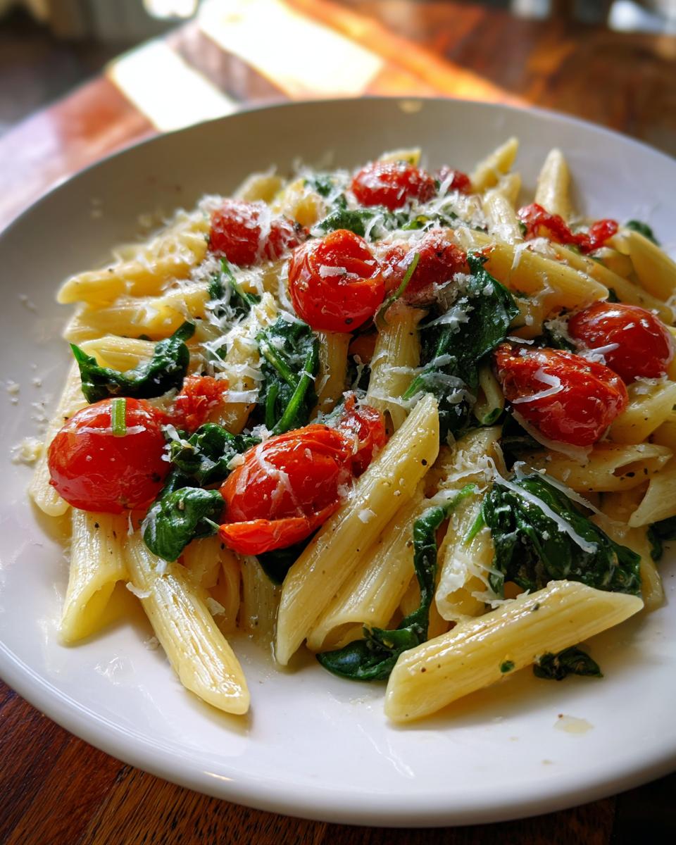 Plate of penne pasta with roasted cherry tomatoes, spinach, and grated cheese for spring pasta recipes