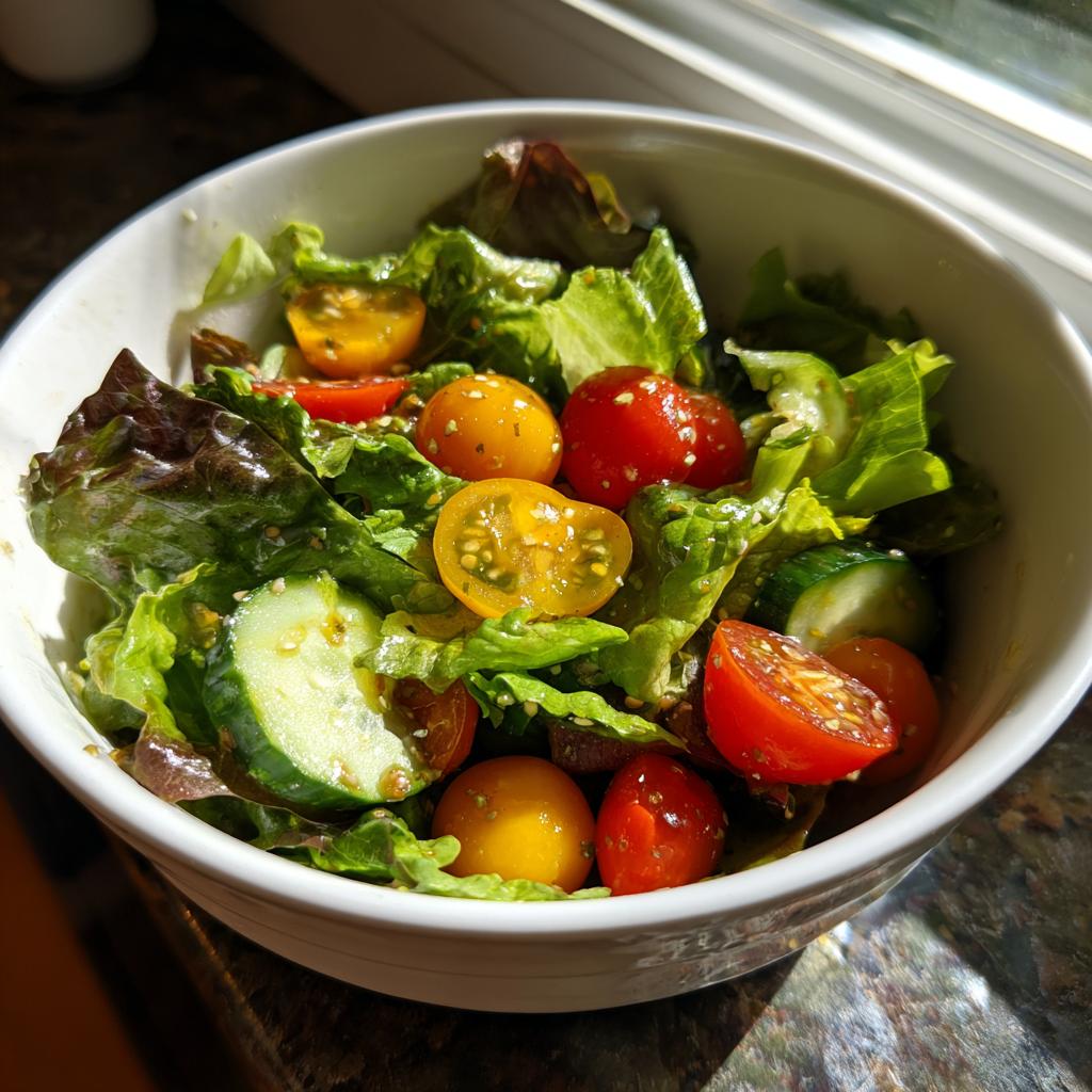 Bowl of fresh spring potluck side dishes salad with lettuce, cherry tomatoes, and cucumber slices.