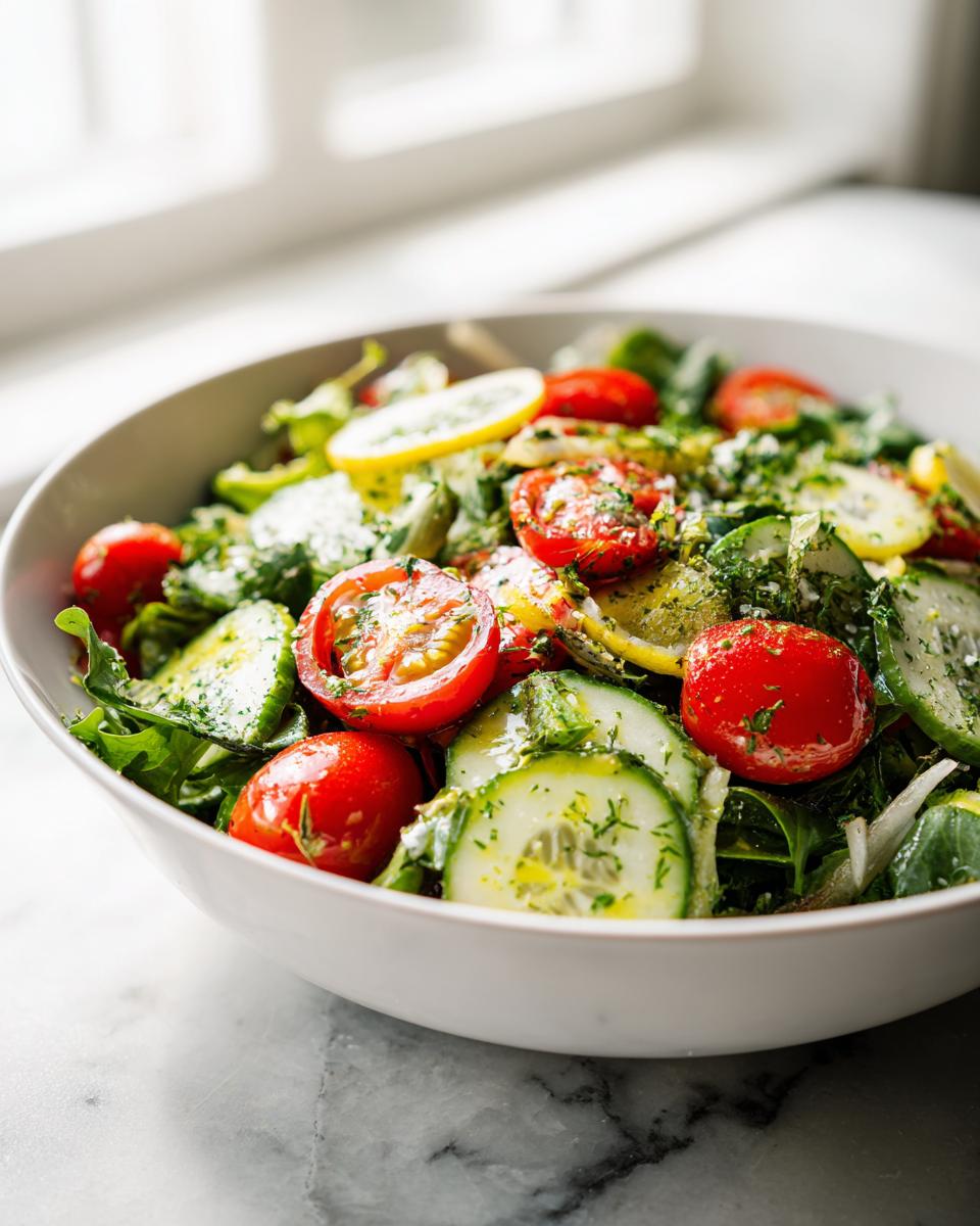 Bowl of fresh salad with cherry tomatoes, cucumber, and greens as spring potluck side dishes