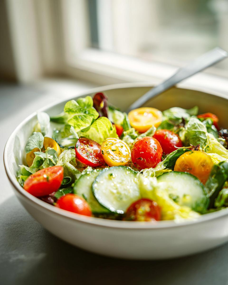 Bowl of fresh spring potluck side dishes salad with cherry tomatoes, cucumber, and leafy greens