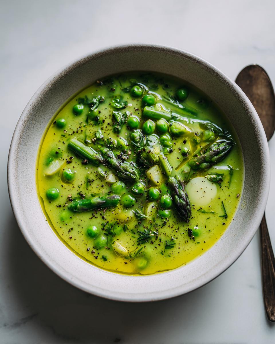 Bowl of green spring soup with asparagus, peas, herbs, and black pepper.