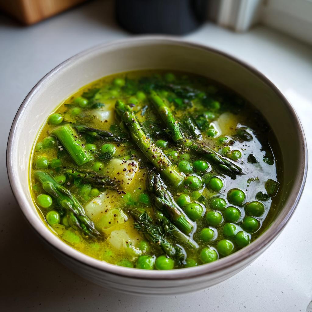 Bowl of spring soup recipes with asparagus, green peas, and herbs in broth