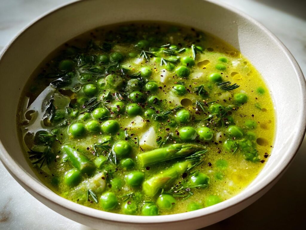 Bowl of spring soup recipes featuring green peas, asparagus, herbs, and broth.