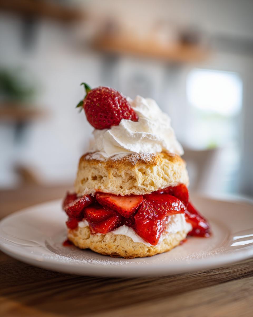 Strawberry shortcake dessert topped with whipped cream and fresh strawberries on a white plate.