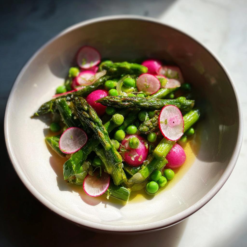 Bowl of spring vegetable side dishes featuring asparagus, peas, and sliced radishes.