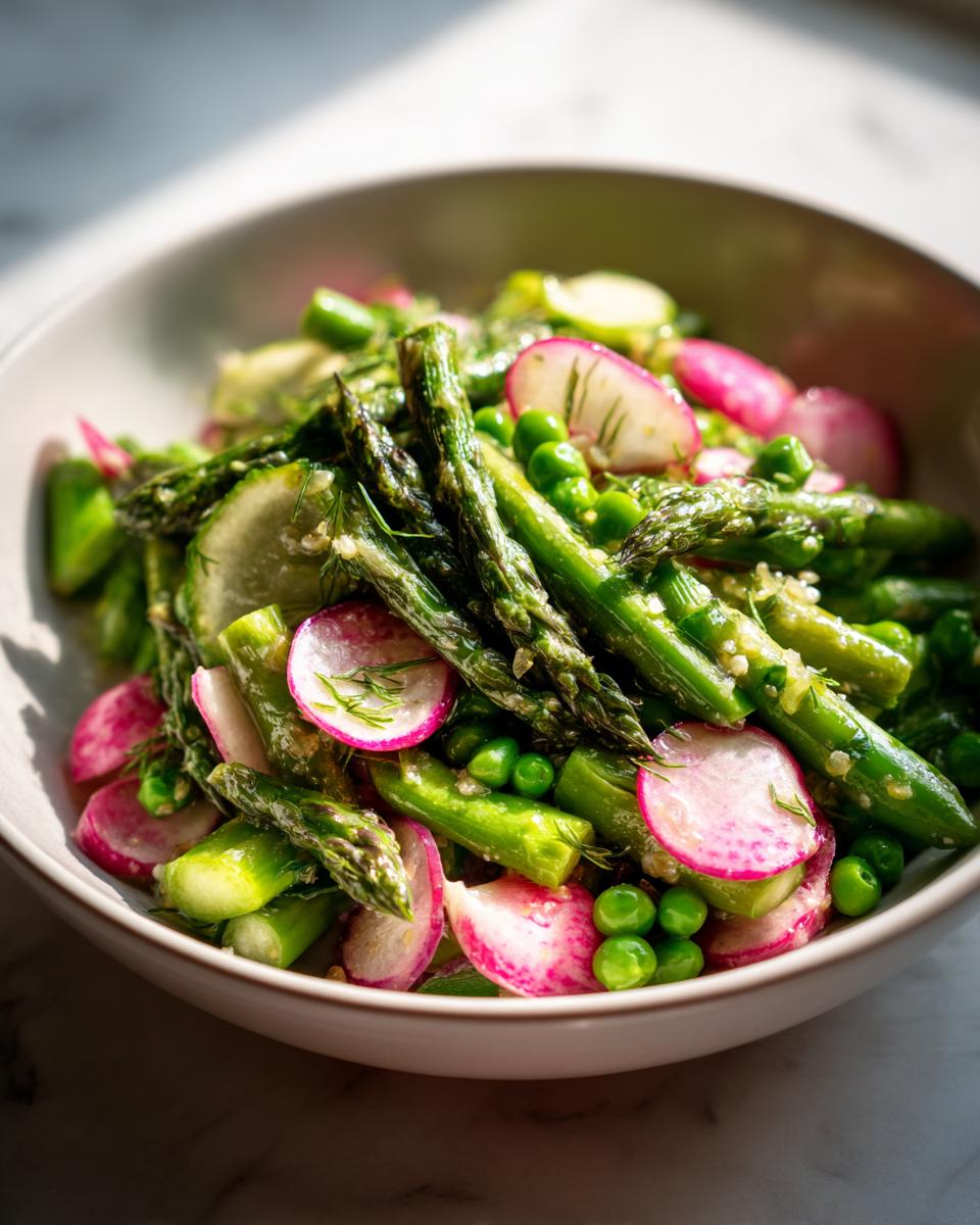 Bowl of spring vegetable side dishes featuring asparagus, radishes, and peas with herbs.