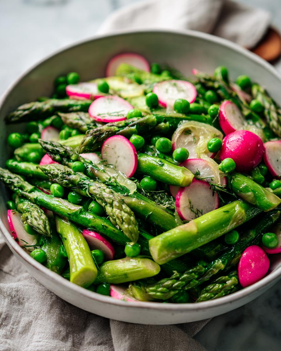 Bowl of spring vegetable side dishes featuring asparagus, radishes, and green peas.